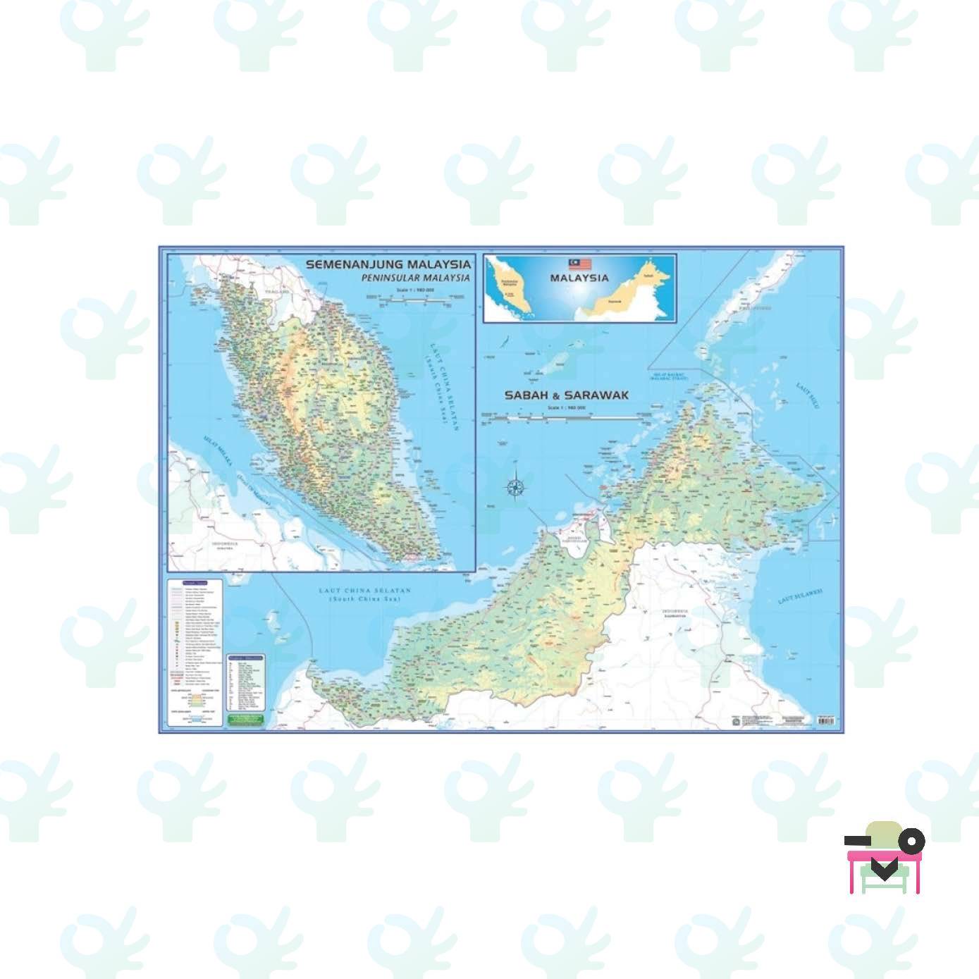 Map Of Malaysia East West Laminated Magnetic Size 42 X 58 English Bahasa M206
